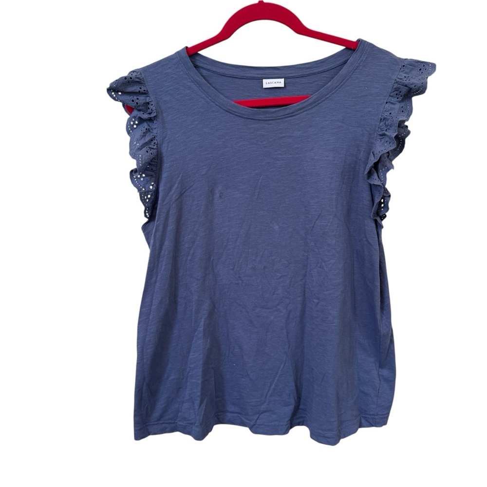 Lascana Top Blue Ruffle Sleeve Eyelet Cotton Size 12/14 XL Blouse Cottage Y2K‎